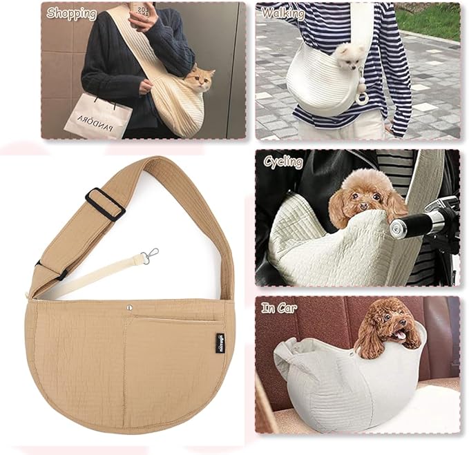 NATUYA Small Dog Carrier Sling Cat Sling, Adjustable Strap Comfy Stylish Puppy Pouch with Big Pockets for Travel Walking Subway (Brown,Adjust Strap-Canvas)-Mewly Pet