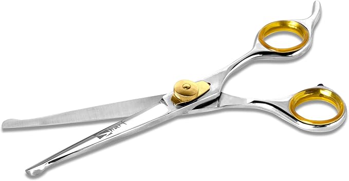 Sharf Dog Grooming Scissors, Gold Touch 7.5 Inch Straight Sharp Professional Pet Grooming Shear with Safety Round Tip, Ball Point for Safe and Easy Use for Cat or Dog Grooming-Mewly Pet