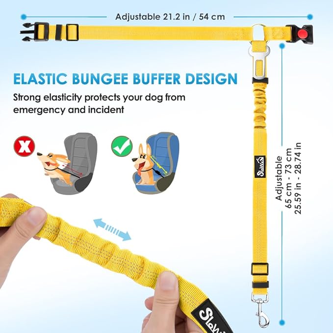 SlowTon Dog Seat Belt for Car, 2 Pack Dog Car Harness Seatbelt Adjustable with Elastic Bungee Buffer, 2 in 1 Pet Car Leash Headrest Restraint Dog Reflective Safety Tether (Yellow, Headrest+Clip)-Mewly Pet