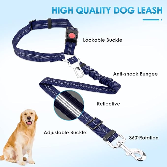 SlowTon Dog Seat Belt for Car, 2 Pack Dog Car Harness Seatbelt Adjustable with Elastic Bungee Buffer, 2 in 1 Pet Car Leash Headrest Restraint Dog Reflective Safety Tether (Blue, Headrest+Clip)-Mewly Pet