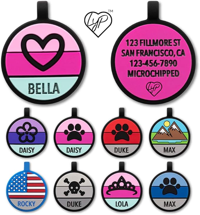 LYP Original Soundless Pet ID Tags | Custom Dog Tags Personalized for Pets | Durable Silicone Deep Engraved Dog Tag | No More Jingling | Pink Heart-Mewly Pet