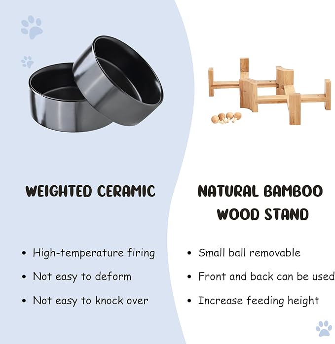 SPUNKYJUNKY 15° Slanted Ceramic Dog and Cat Bowl with Wooden Stand, Tilted Bulldog Food and Water Bowl No Slip Non-Spill for Cats Medium Dogs Big Face Pets 13.5 OZ (1.7 Cups, Black × 2)-Mewly Pet