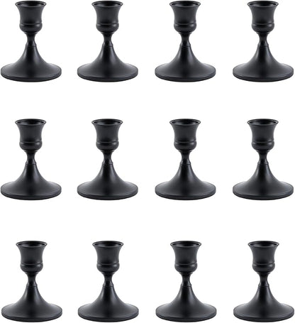 Black Taper Candle Holder, Candlestick Holders, Vintage Metal for Table Centerpieces Wedding Decor (Matte Black, 12 Pcs)
