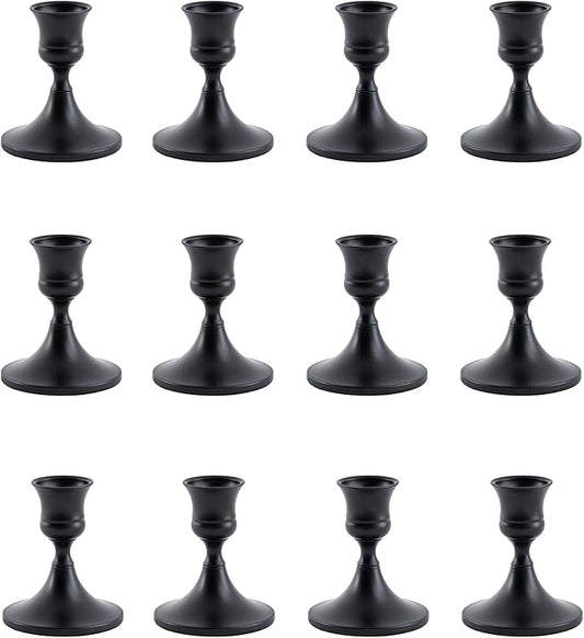 Black Taper Candle Holder, Candlestick Holders, Vintage Metal for Table Centerpieces Wedding Decor (Matte Black, 12 Pcs)