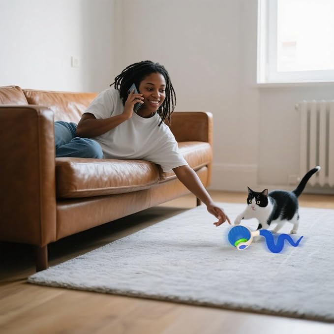 Interactive Cat Toy Ball | Automatic Moving Smart Anti-Depression Pet Toy with Light | Speedy Tail 3.0 Cat Mouse Toy | Electric Rechargeable Enrichment Toy for Indoor Bored Cats & Dogs (Blue)-Mewly Pet