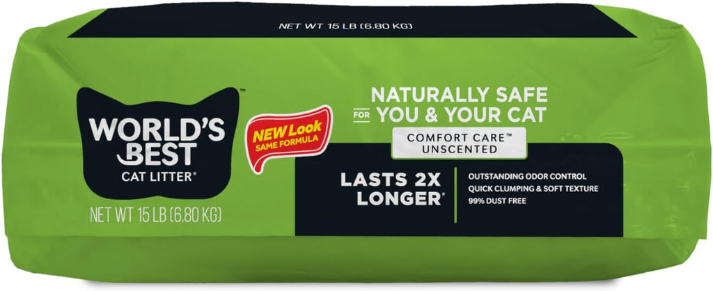 WORLD'S BEST CAT LITTER Comfort Care Unscented 15-Pounds - Natural Ingredients, Quick Clumping, Flushable, 99% Dust Free & Made in USA - Long-Lasting Odor Control & Easy Scooping-Mewly Pet