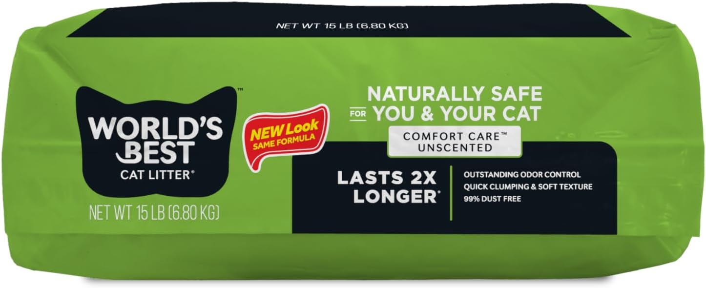 WORLD'S BEST CAT LITTER Comfort Care Unscented 15-Pounds - Natural Ingredients, Quick Clumping, Flushable, 99% Dust Free & Made in USA - Long-Lasting Odor Control & Easy Scooping-Mewly Pet