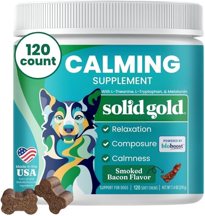 Solid Gold Calming Chews for Dogs - Dog Calming Chews w/Melatonin for Separation, Stress & Hyperactivity Relief - Supports Relaxation for Travel, Fireworks & Storms - All Ages & Sizes - Bacon 120ct-Mewly Pet