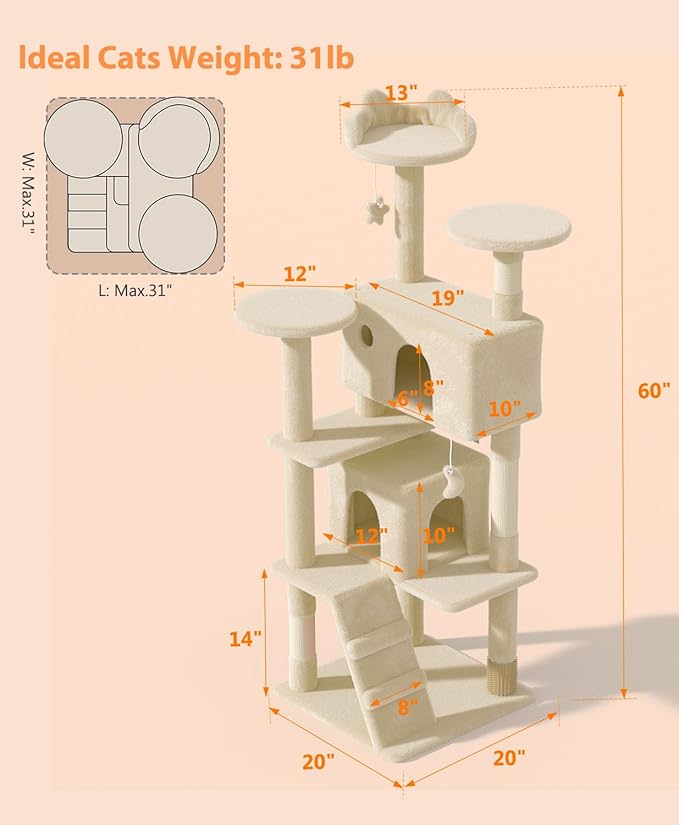 60'' Cat Tree Tower for Indoor Cats Large Adult,Cute/Tall Modern Cat Tree for Big Cats 20 lbs, Plush Multi-Level Cat Condo with Scratching Posts, Dangling Ball Indoor (Beige, 60 inch)-Mewly Pet