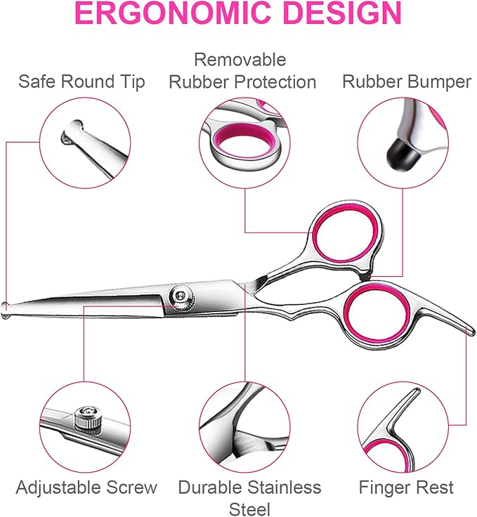 6 in1 Professional Dog Grooming Scissors Kit, Dog Shears for Grooming with Safety Round Tips, Titanium Coated Grooming Scissors for Dogs Cat Pet At Home-Mewly Pet