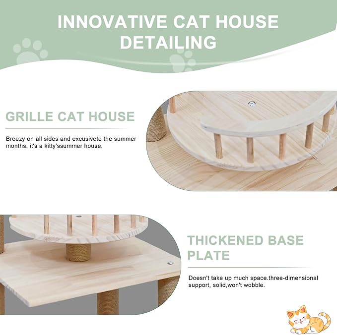 Wood Cat Tree 17” x 16”x 53” Modern Sturdy Cat Tower with Double Condos Hand-Woven Beds & Toys Multilevel Huge Paws Pals Tree Indoor Cat Furniture for Big Cats-Mewly Pet