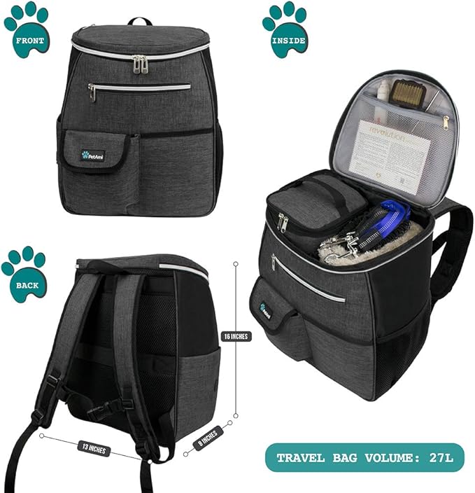 PetAmi Dog Travel Bag Backpack, Airline Approved Dog Bags for Traveling, Puppy Diaper Bag Supplies, Pet Camping Essentials Hiking Accessories Dog Mom Gift, Food Container, Collapsible Bowls, Dark Gray-Mewly Pet