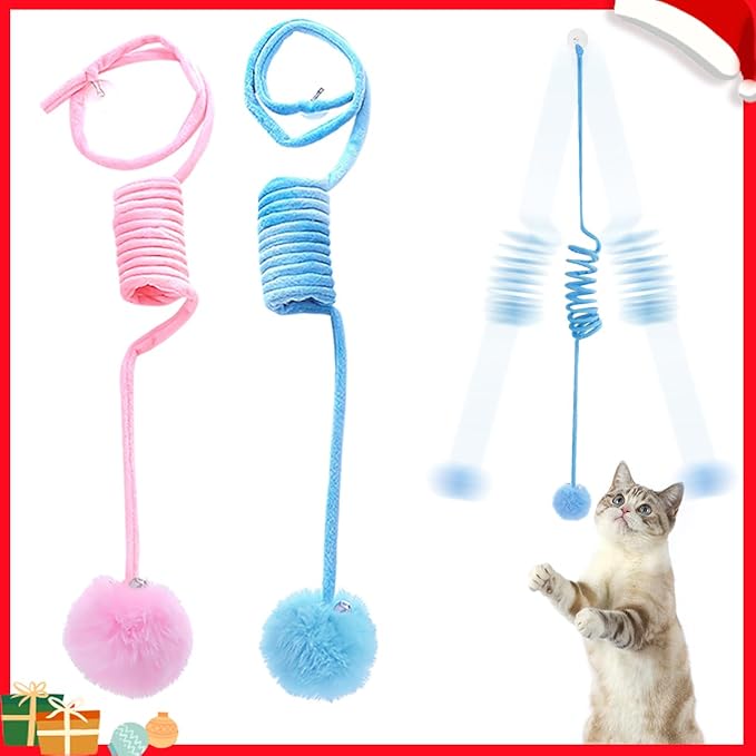 Hanging Plush Cat Toy Ball, Interactive Cat Toys for Indoor Cats with Bell, Cat Springs to Keep Them Busy/Reduce Boredom, 80 Inch-Upgraded (Blue+Pink)-Mewly Pet