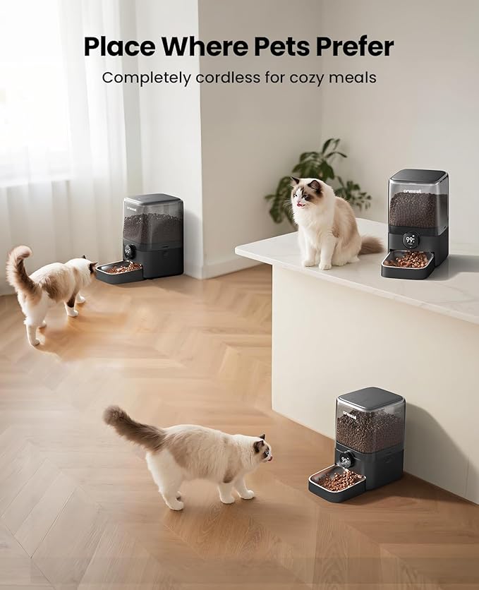 oneisall Cordless WiFi Automatic Cat Feeder, Rechargeable 100-Day Battery Operated Pet Feeder, 20 Cups/5L Timed Cat Food Dispenser for Large Kibble, Smart App Control (Black)-Mewly Pet