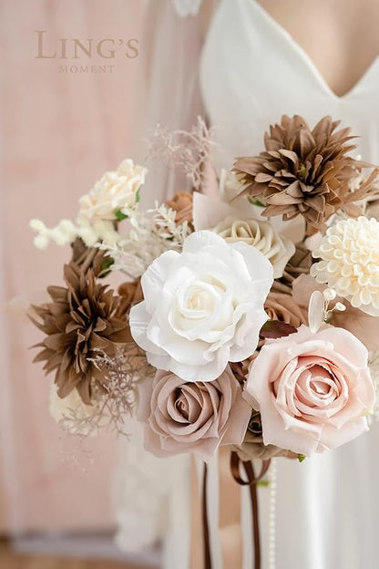 Ling's Moment Artificial Flowers Fake Silk Roses Faux Foam Dahlia Combo for DIY Wedding Bouquets Centerpieces Arrangements Bridal Shower Party Home Decorations, Morandi Peach & Cream, 24pcs