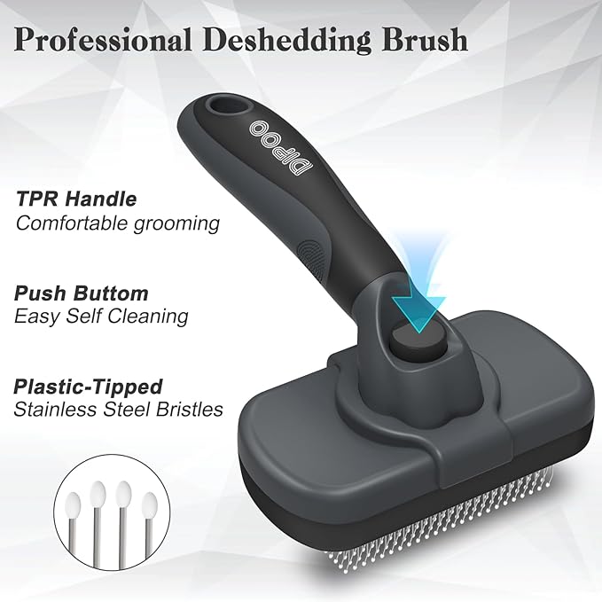Self-Cleaning Deshedding Brush for Dogs & Cats - Skin-Friendly Grooming Tool with Hair Brush for Long and Short Haired Pets, Grey-Mewly Pet