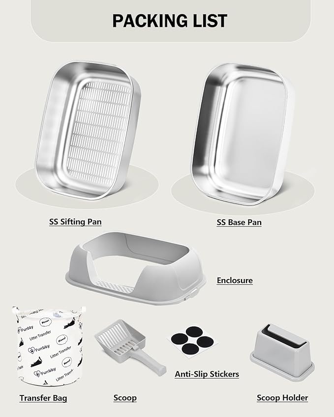 Stainless Steel Sifting Litter Box with Lid, Metal Litter Pan Tray with Scoop for Big Cats & Multi Cat, Extra Large Cats Litterbox Odor Control, Easy Clean (with Enclosure & Step, X-Large)-Mewly Pet