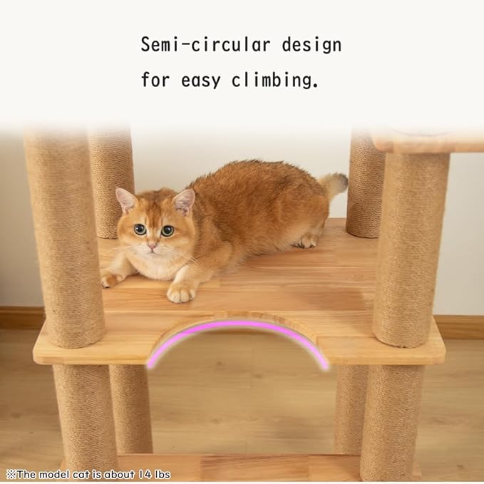 74.8" Wooden Cat Tree Tower for Large Cats, Multi-Level Cat Climbing Furniture with Scratching Posts, Cat Condo & Hammock, Natural Wood Cat Activity Center (Brown)-Mewly Pet