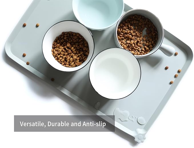 Hoki Found L Silicone Pet Feeding Mats with Higher Lips - Non Slip Pet Dog Cat Bowl Mats - Waterproof - Suitable for Carpet - Battleship-Mewly Pet