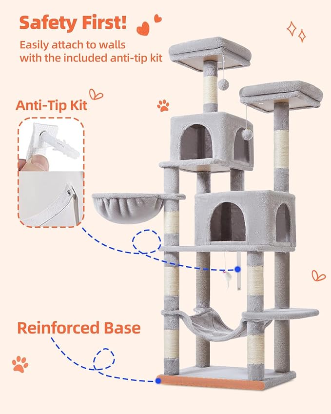 Taoqimiao 66-Inch Cat Tree Cat Tower for Indoor Cats, Plush Multi-Level Cat Condo with 7 Scratching Posts, 2 Perches, 2 Caves, Hammock, 2 Pompoms MS013W Light Gray-Mewly Pet
