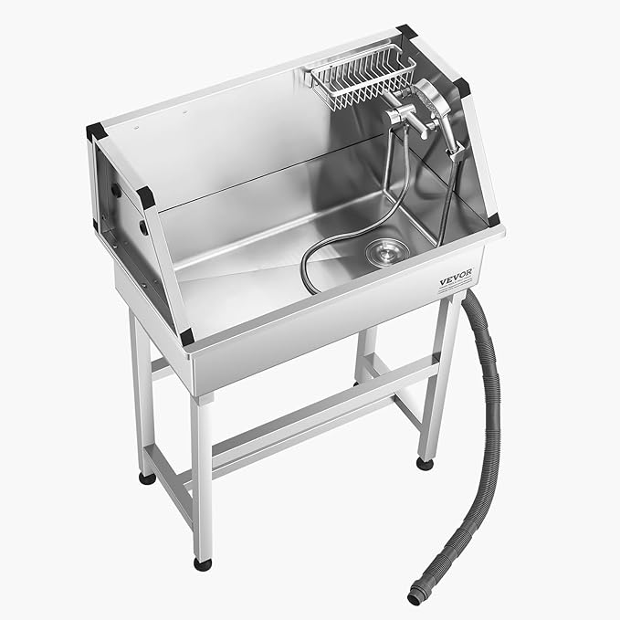 VEVOR Stainless Steel Dog Washing Station, 34 inch Pet Grooming Tub w/Faucet & Showerhead & Soap Holder & Play Balls Simple Dog Bathtub for Multiple Pets, Home Washing Sink-Mewly Pet