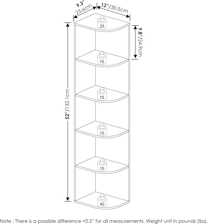 Furinno PASIR Book Shelf, 5-Tier Corner Bookshelf, Open Shelves Bookcase 9.3" x 12" x 51.7", for Living Room, Bedroom, Home Office, White