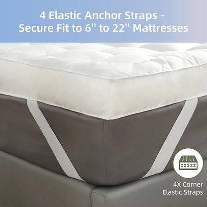 Extra Thick Fitted Mattress Topper - Full XL Size for College Dorm | Soft & Cooling Pillow Top Mattress Pad & Protector | Bed Topper for Back Pain, Straps Stretch 6" to 22" Deep