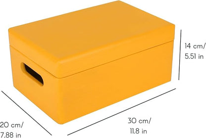 Large Yellow Wooden Box Storage with Hinged Lid | 11.8 x 7.87 x 5.51 inches (+-0.5) | with Handles | Gift Box for Tool Dog Toy Shoes Clothes Kitchen Storage | Wood Keepsake Chest