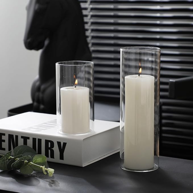 Set of 6 White Pillar Candles and Hurricane Candle Set, Clear Cylinder Vases Pillar Candle Holders for Pillar Candles, Glass Candle Holders for Party, Table, Home Decor, Wedding Centerpieces