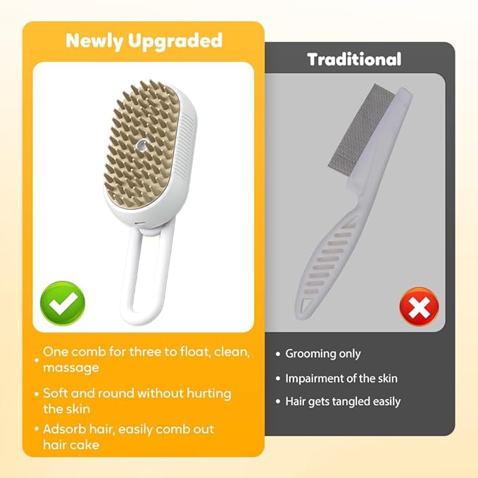 3-In-1 Rechargeable Steamy Cat Brush, Deep Cleaning & Hair Removal System with Rotating Handle, 360° Massage for Cats & Dogs (Cream)-Mewly Pet