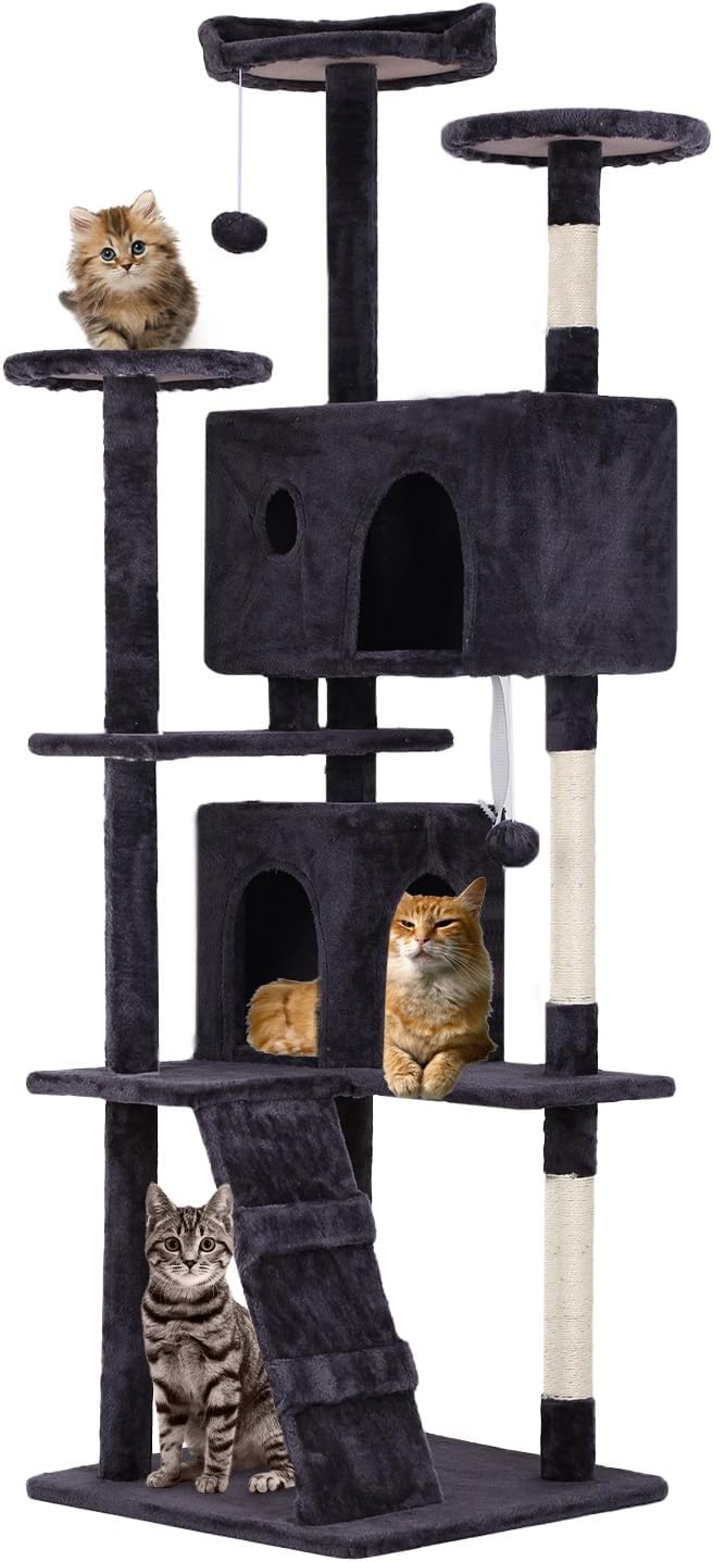 FDW Cat Tree 70in Cat Tower Multi-Level Durable Cat Scratching Post & Cozy Fun Cat Jumping Platform Space Saving Cat Condo Pet Play House for Indoor Cats,Ashy-Mewly Pet