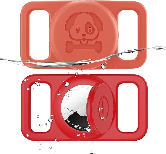 2 Pack Waterproof AirTag Dog Collar Holder Compatible with Apple AirTag, Silicone Hidden Loop Holder for Airtag Tracker, Anti-Lost Dog Collar Air Tag Accessories(Red-Orange)-Mewly Pet