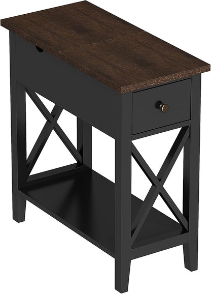 ChooChoo Rustic End Table with Drawer, Accent Small Side Table Nightstand for Living Room, Bedroom, and Small Spaces - Black & Brown