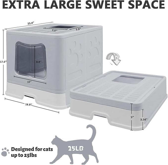 XL Foldable Cat Litter Box with Lid - Jumbo Enclosed Potty - Top Entry Anti-Splashing Toilet - Includes Scoop & 2-in-1 Cleaning Brush (Grey)-Mewly Pet