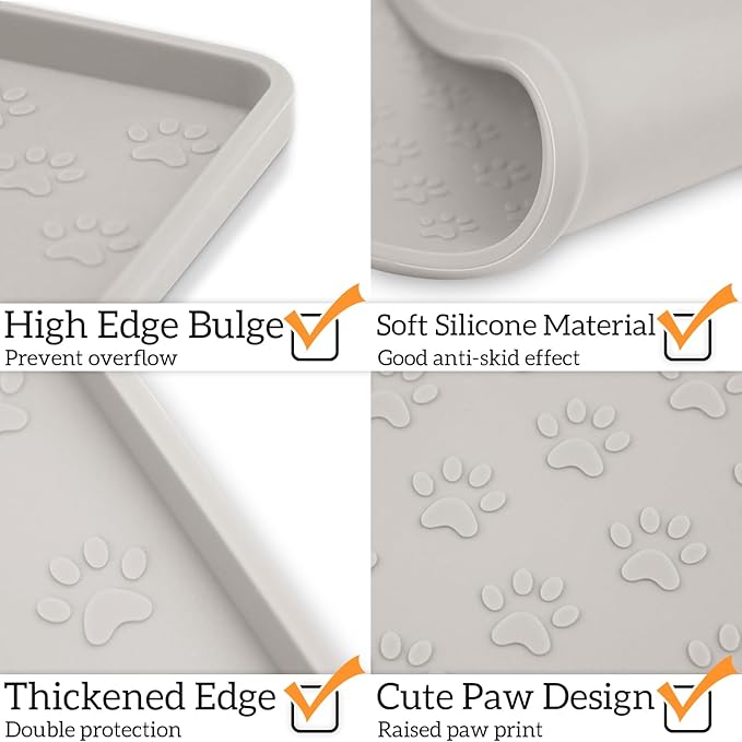 Ptlom Dog Food Mat Anti-Slip Bowl Mats for Food and Water, Waterproof Silicone Pet Placemat with High Raised Edges, Non-Slip Puppy Feeding Tray for Small, Medium Large Cats Dogs, Cream, 11.8"x11.8"-Mewly Pet
