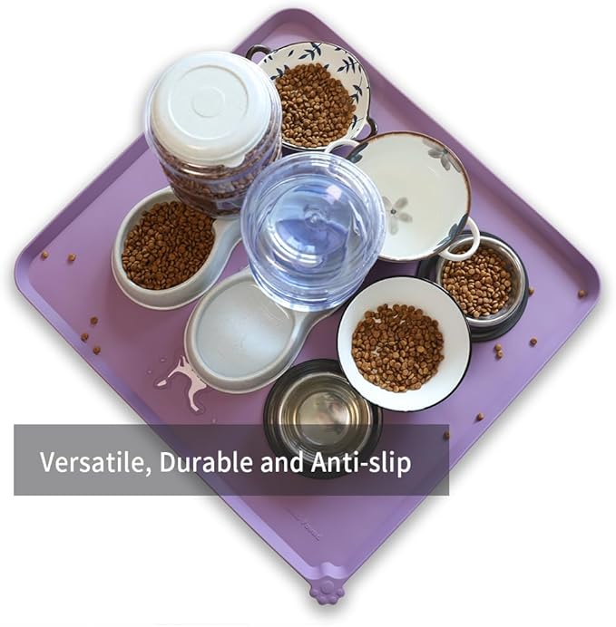 Hoki Found XX-Large Silicone Pet Food Mats - Non Slip Dog Cat Bowl Placemats - Waterproof Dog Cat Food Mats for Carpet - Amethyst-Mewly Pet