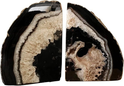 AMOYSTONE Crystal Stone Bookends Decorative Agate Book Ends Holder Geode Bookend Heavy Duty Natural Black Color (1 Pair, 4-6 LBS)