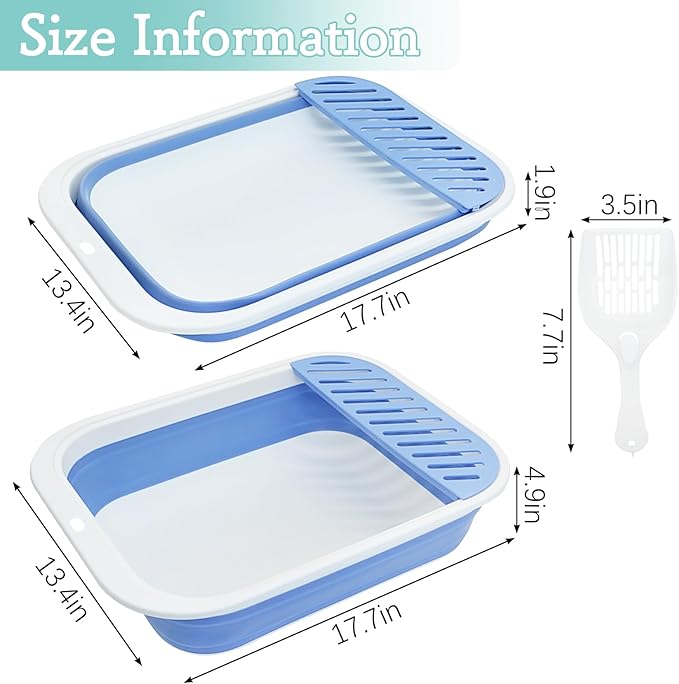 Fhiny Cat Litter Box Portable Shallow Litter Box 17.7"x13.4"x4.9" Foldable Cat Toilet with Scoop Open Kitty Potty Pan with Litter Drop Pedal Easy to Clean Travel Kitten Toilet(Blue)-Mewly Pet