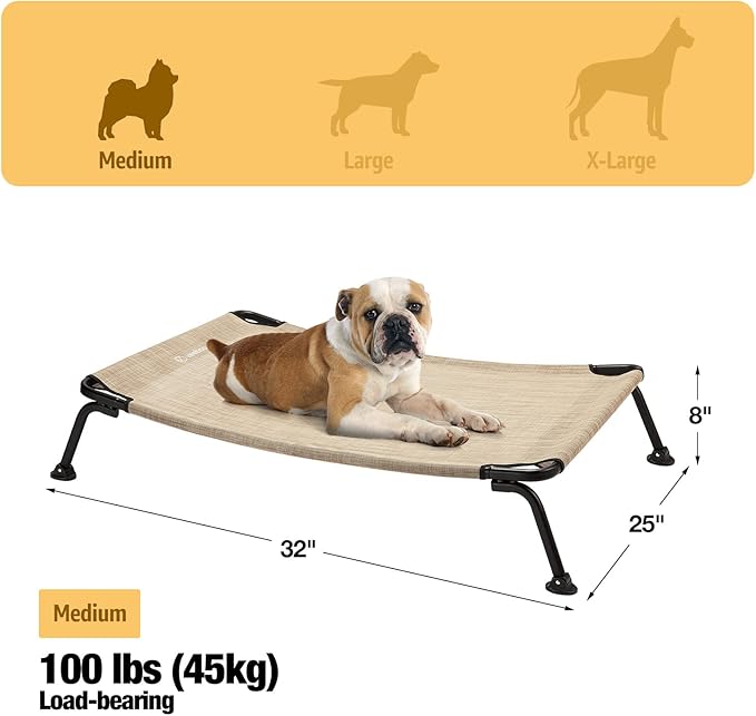 Veehoo Outdoor Elevated Dog Bed, Cooling Raised Dog Cots Beds for Medium Dogs, Portable Waterproof Curved Dogs Hammock Bed for Outside, up to 100lbs, Black Legs, Beige 32"-Mewly Pet