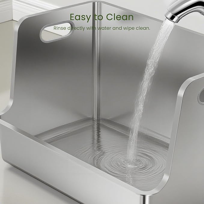 One-Piece Stainless Steel Litter Box, 14.5" High-Side XL Metal Cat Litter Box, Extra Wide Entry Pet Toilet, Cat Litter Station with Wheels, Easy to Move, Non-Stick, No Odor, for Big or Multiple Cats-Mewly Pet