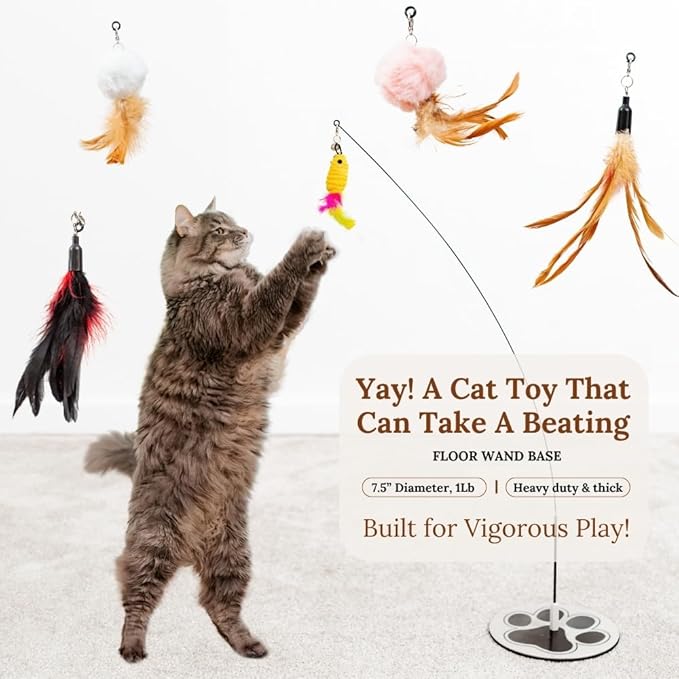 Interactive Cat Toys for Indoor Cats 2 in 1 Cat Wand Toys Solid Round Base Toys for Bored Indoor Adult Cats Self Play Feather Toy Bird Feather-Mewly Pet