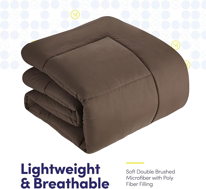 Sweet Home Collection 7 Piece Comforter Set Bag Solid Color All Season Soft Down Alternative Blanket & Luxurious Microfiber Bed Sheets, Brown, Queen