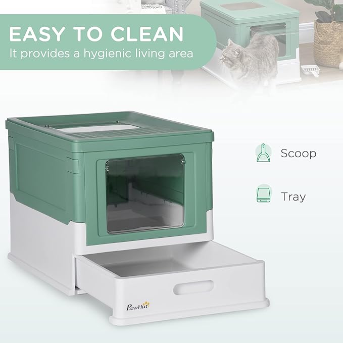 PawHut Fully Enclosed Litter Box with Scoop, Hooded Litter House with Drawer Tray, Foldable Smell Proof Cat Potty with Front Entry, Top Exit, Portable Pet Toilet with Large Space, Green-Mewly Pet