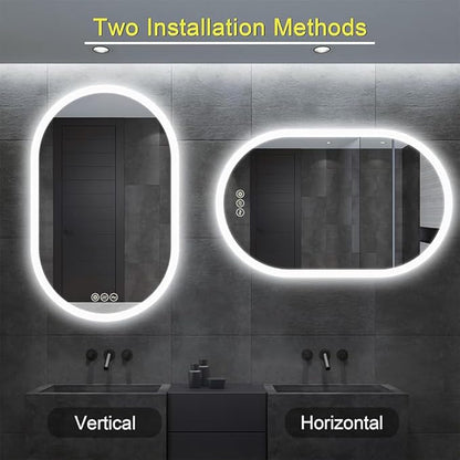 Bathroom LED Oval Mirror, 24 x 36 inches, Wall Mount, 3 Colors, Stepless Dimmable, Anti-Fog, Backlit, Frameless Frosted Edge, Home Mirror