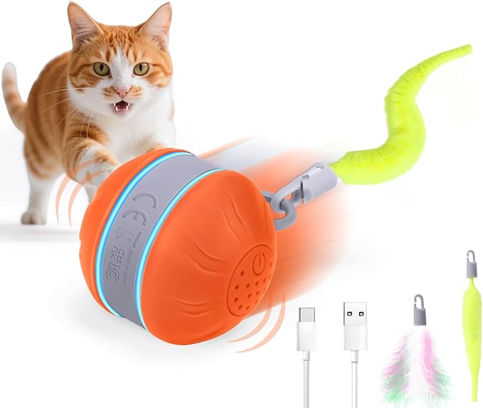 AIERSA Interactive Cat Toys for Indoor Adult Cats, Automatic Self-Play Cat Ball Toy for Kitten to Keep Them Busy, Electric Moving Chase Toy (Orange)-Mewly Pet