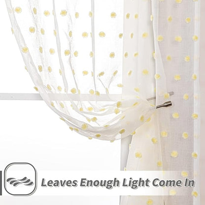 MYSKY HOME Kitchen Curtains 54 Inch Long Small Window Curtains for Bathroom Cafe Bedroom Yellow Pom Pom Curtains for Nursery Boys Room Rod Pocket 2 Pieces Drapes 52 x 54 inch Length
