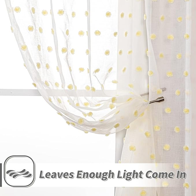 MYSKY HOME 120 Inch Long Living Room Curtains for Windows Sliding Door Yellow Pom Pom Curtains for Bedroom Set of 2 Sheer Curtains Farmhouse Rod Pocket Parties Backdrops 52" x 120"