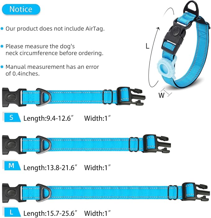 JSXD AirTag Dog Collar, Night Reflective Nylon Dog Collar for Small Medium Large Dogs,Lockable Quick Release Buckle,Padded Breathable Pet Collar with AirTag Holder (Blue, Large)-Mewly Pet