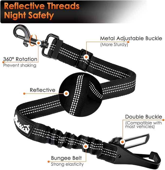 SlowTon Dog Seat Belt, Adjustable Dog Safety Belt Leash, 2 in 1 Latch Bar Attachment Dog Car Seatbelt with Elastic Nylon Bungee Buffer, Reflective Nylon Belt Tether Connect to Dog Harness (2Black)-Mewly Pet