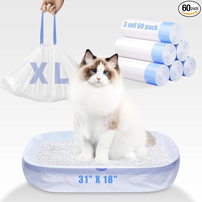 60 Pack Large Cat Litter Bags - 3MIL Extra Thick Leakproof Litter Box Liners, 31"x18" Heavy Duty Drawstring Cat Litter Liners for Automatic Litter Box, Odor Control Disposable Kitty Litter Bags 6 Roll-Mewly Pet